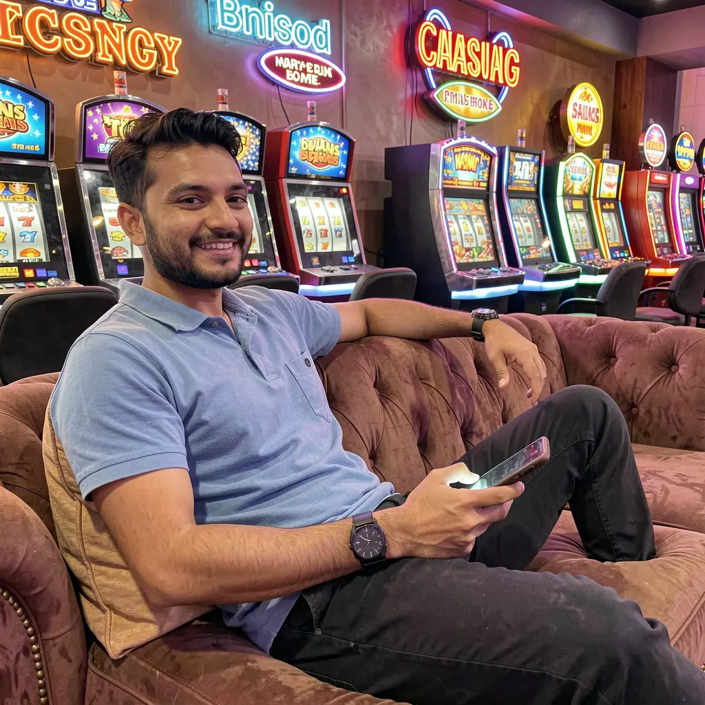 Confident Bangladeshi man relaxing on a sofa while using the XE66 com casino app with colorful slot machines glowing behind him