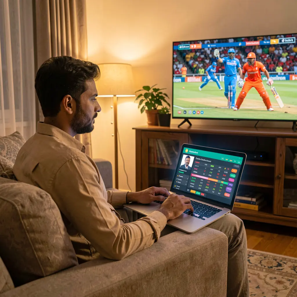 Focused Bangladeshi player using the XE66 com betting platform on a laptop while watching a live cricket match on TV in a cozy home setting